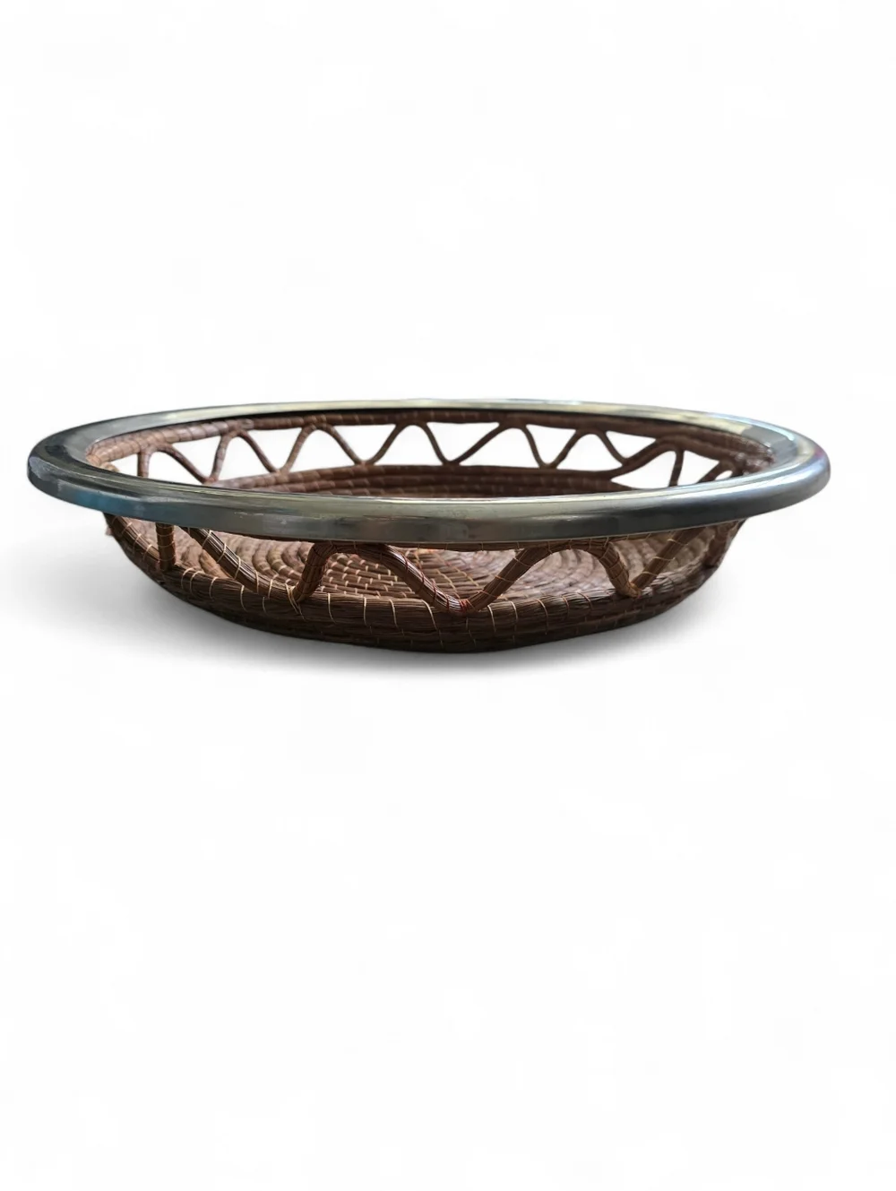 Vintage Rattan & Metal Rim Serving Tray / Boho Woven Basket Centerpiece